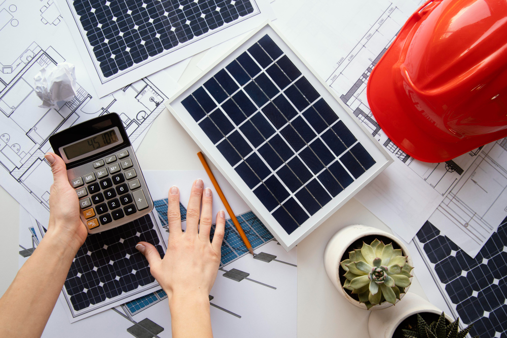 uma mesa com calculadora, teclado de computador, folhas impressas com gráficos e uma amostra de painel solar