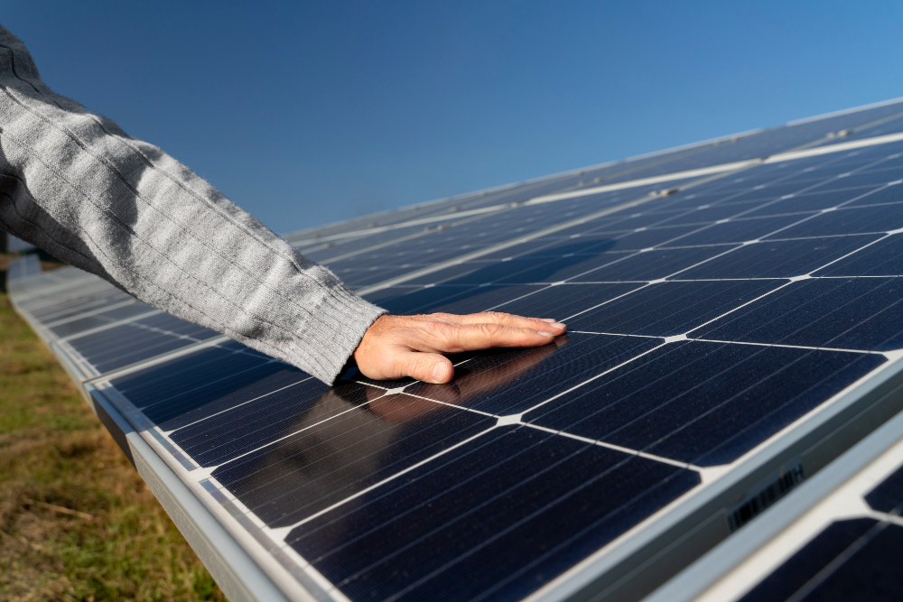 uma mão sobre um painel de energia solar